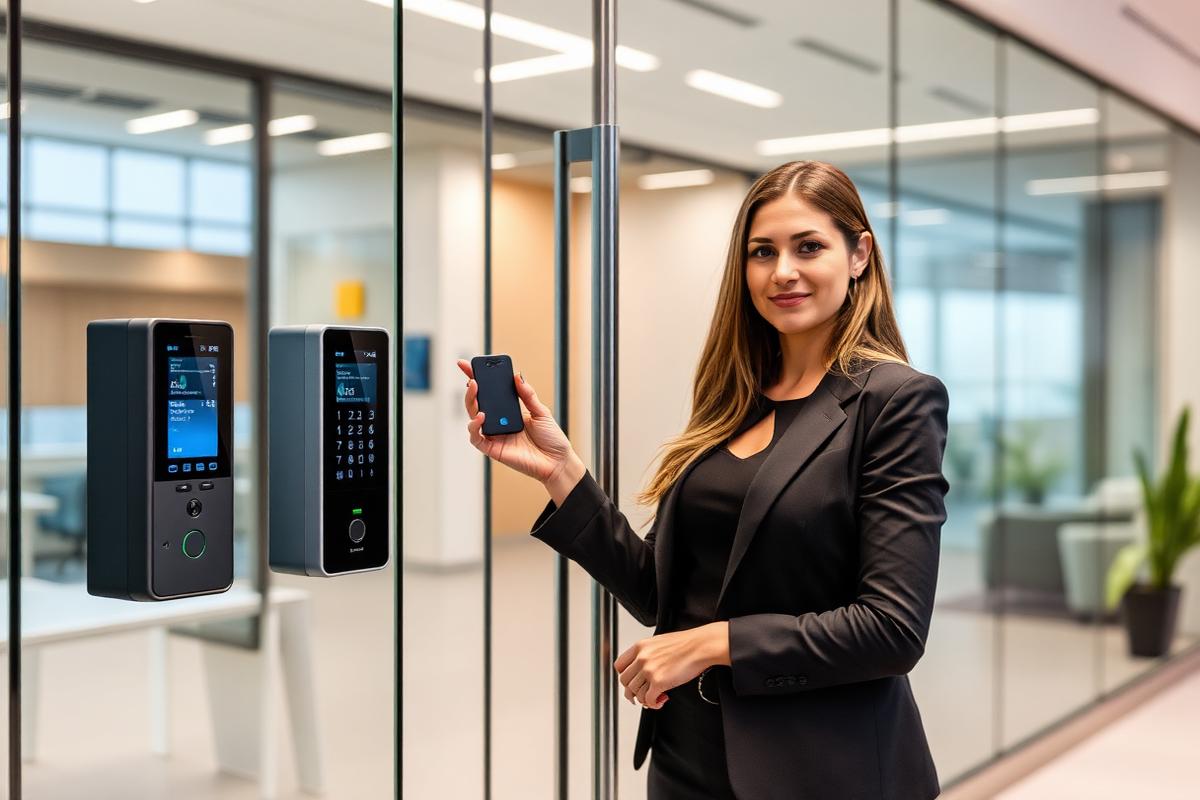 A visitor presenting an access fob to a card reader beside a secure glass door in a UK office lobby