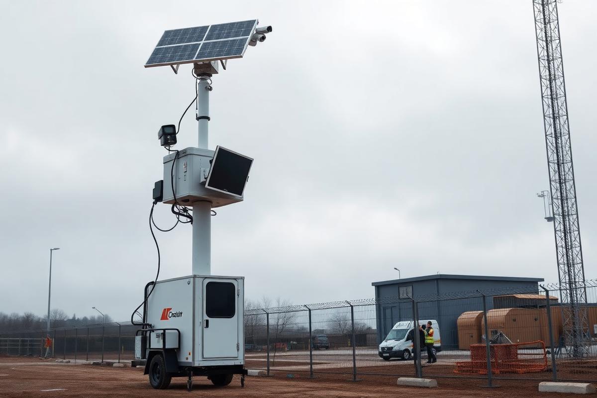 A solar-powered rapid-deployment CCTV tower raised above a fenced UK construction site