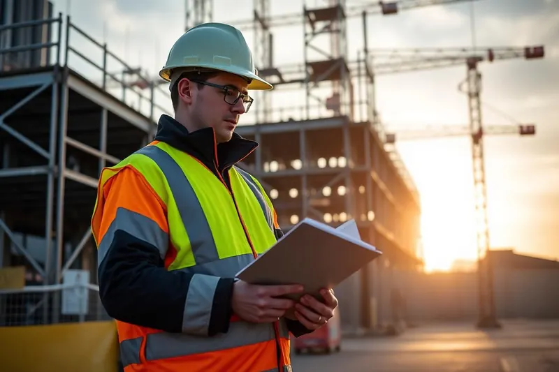 A security officer in a hard hat and hi-vis jacket checking the log at a UK construction site gate