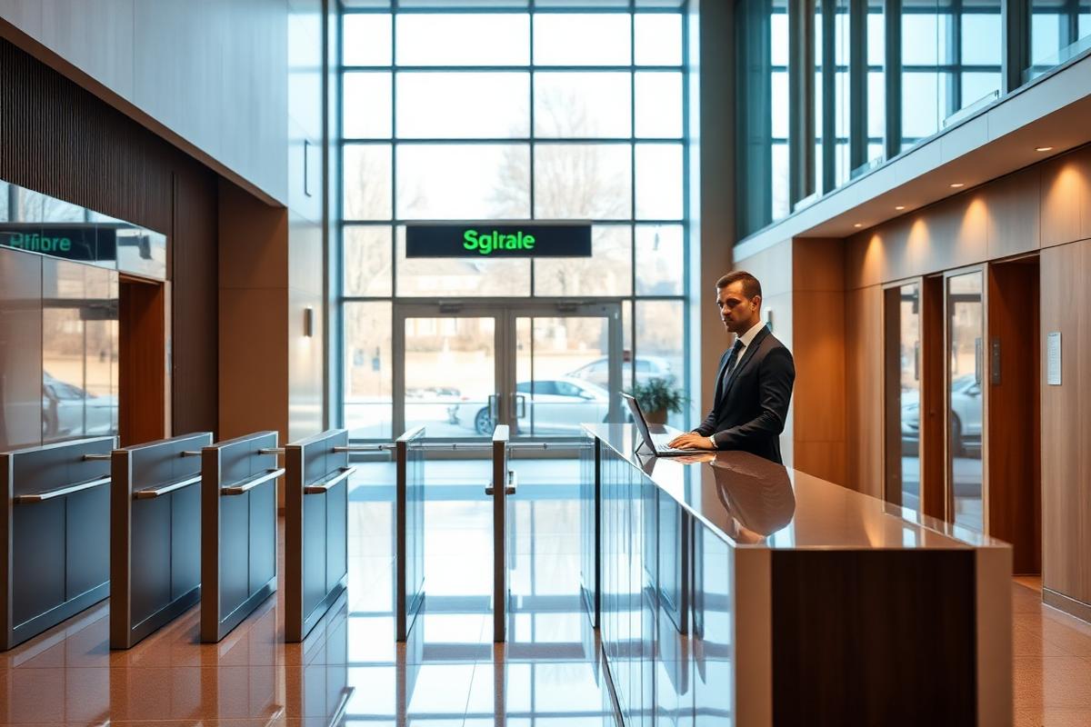 A front-of-house security officer at the reception desk of a modern UK office lobby