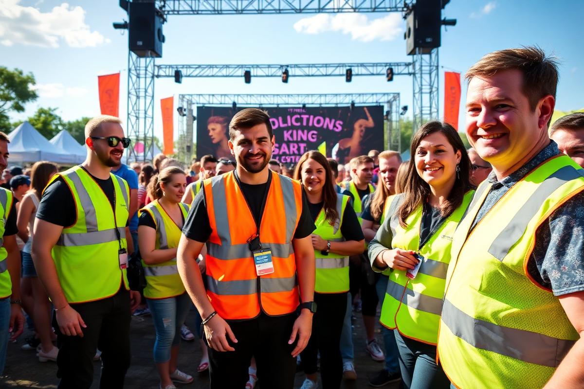 Event stewards in high-visibility vests managing an entrance queue at a UK outdoor event