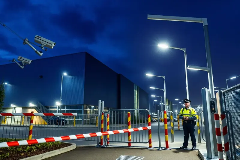 A UK commercial site at night combining CCTV cameras, a barrier, security lighting and an officer on duty