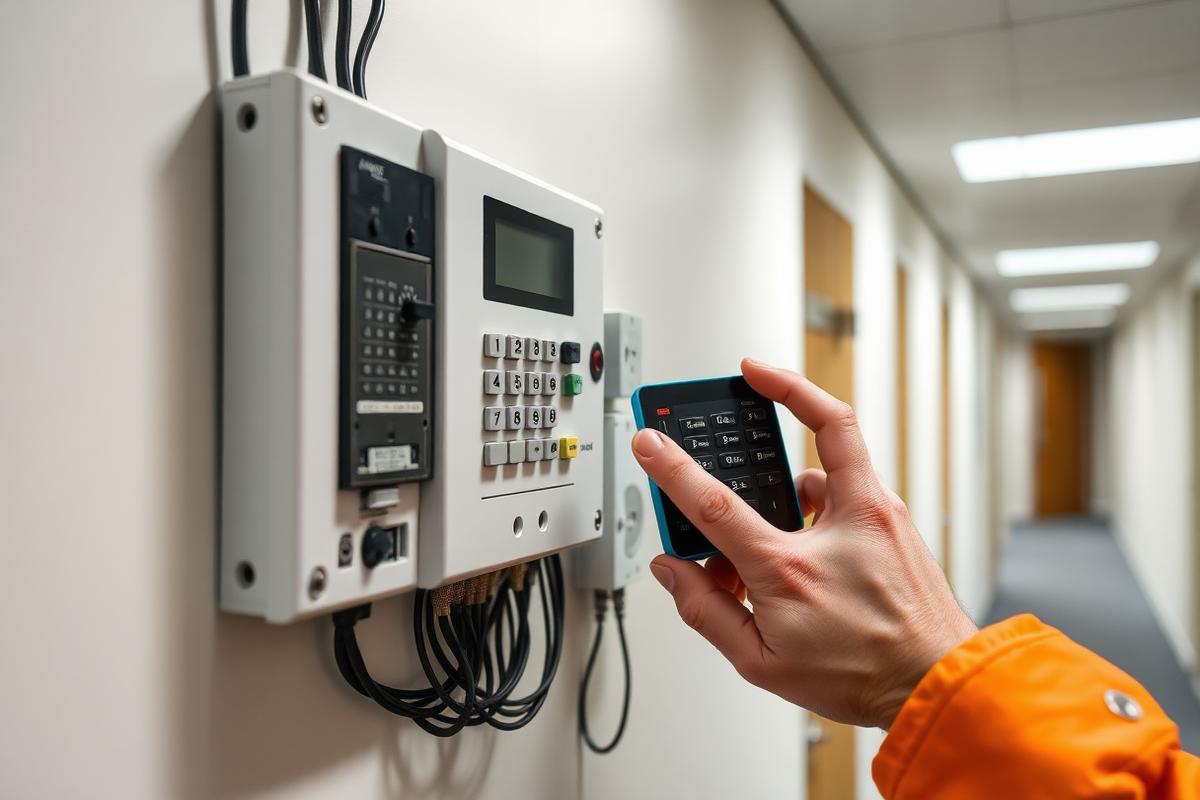 A commercial intruder-alarm control panel and keypad being configured in a UK office corridor