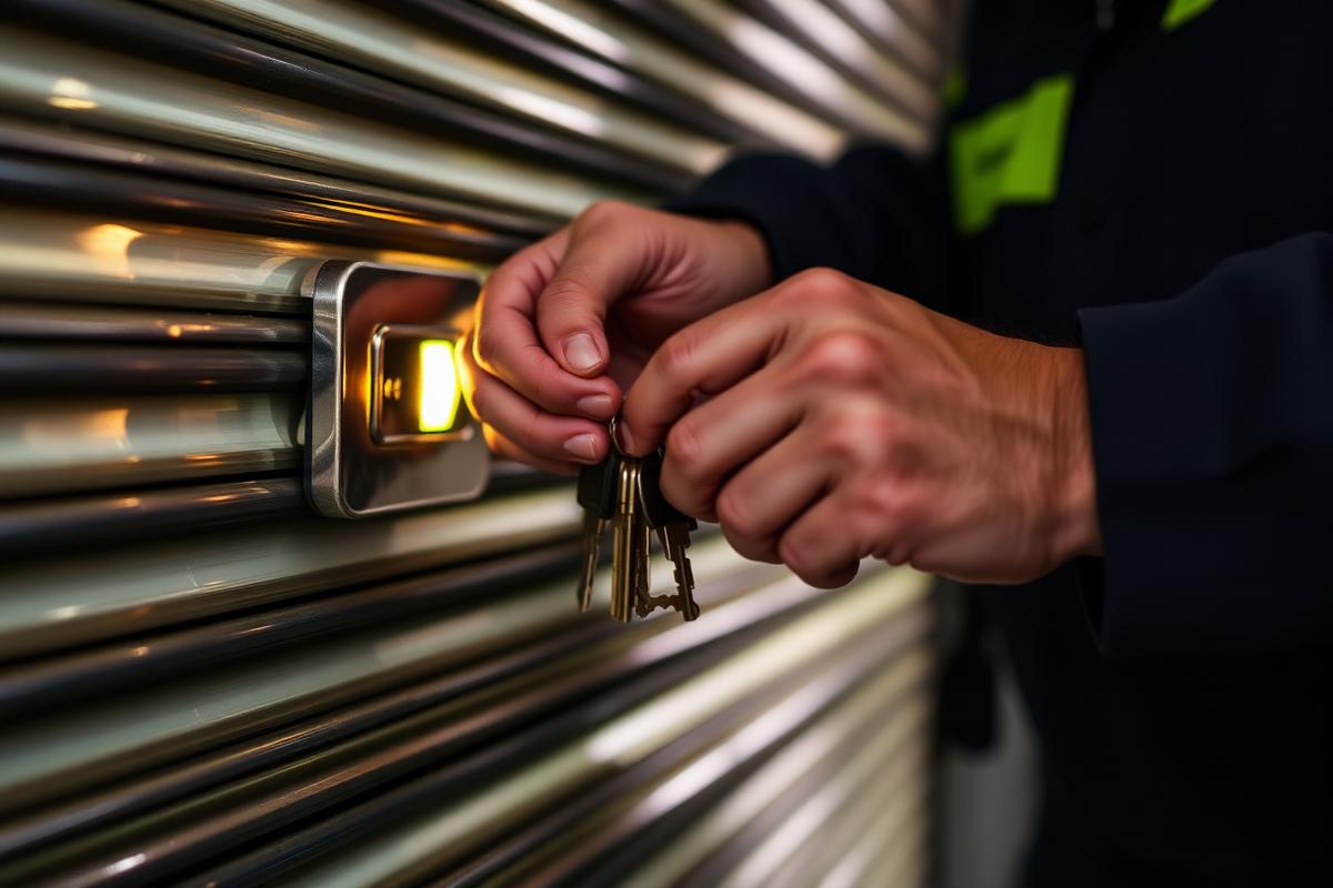A security officer unlocking the shutter of a commercial premises during a keyholding visit