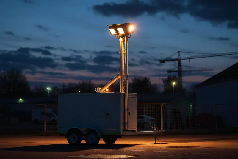 A trailer-mounted temporary lighting tower illuminating a UK construction compound at dusk