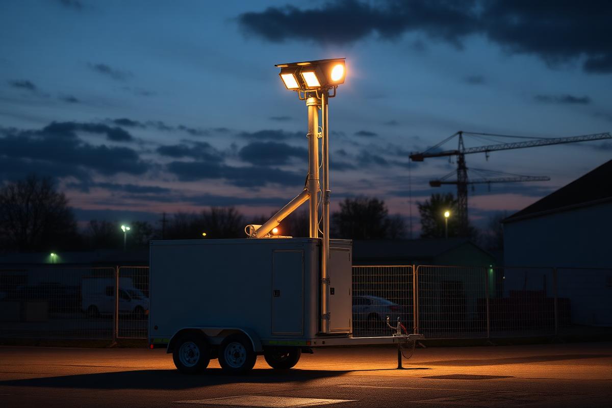 A trailer-mounted temporary lighting tower illuminating a UK construction compound at dusk