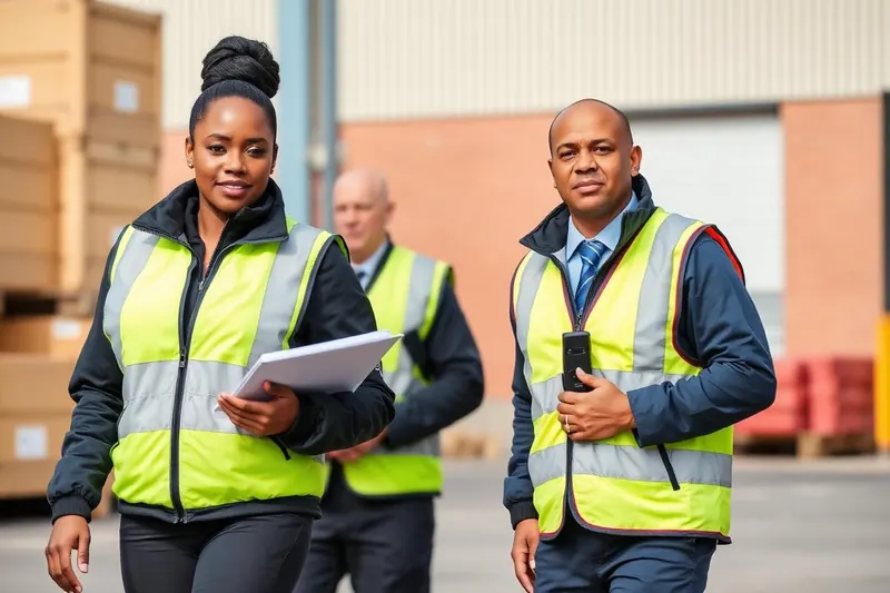 Two uniformed security officers in high-visibility jackets patrolling a UK warehouse yard
