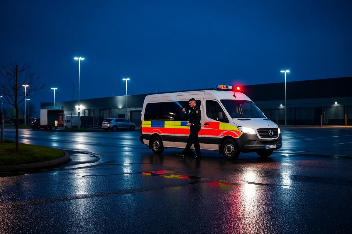A marked security patrol vehicle and officer checking a UK business park perimeter at night
