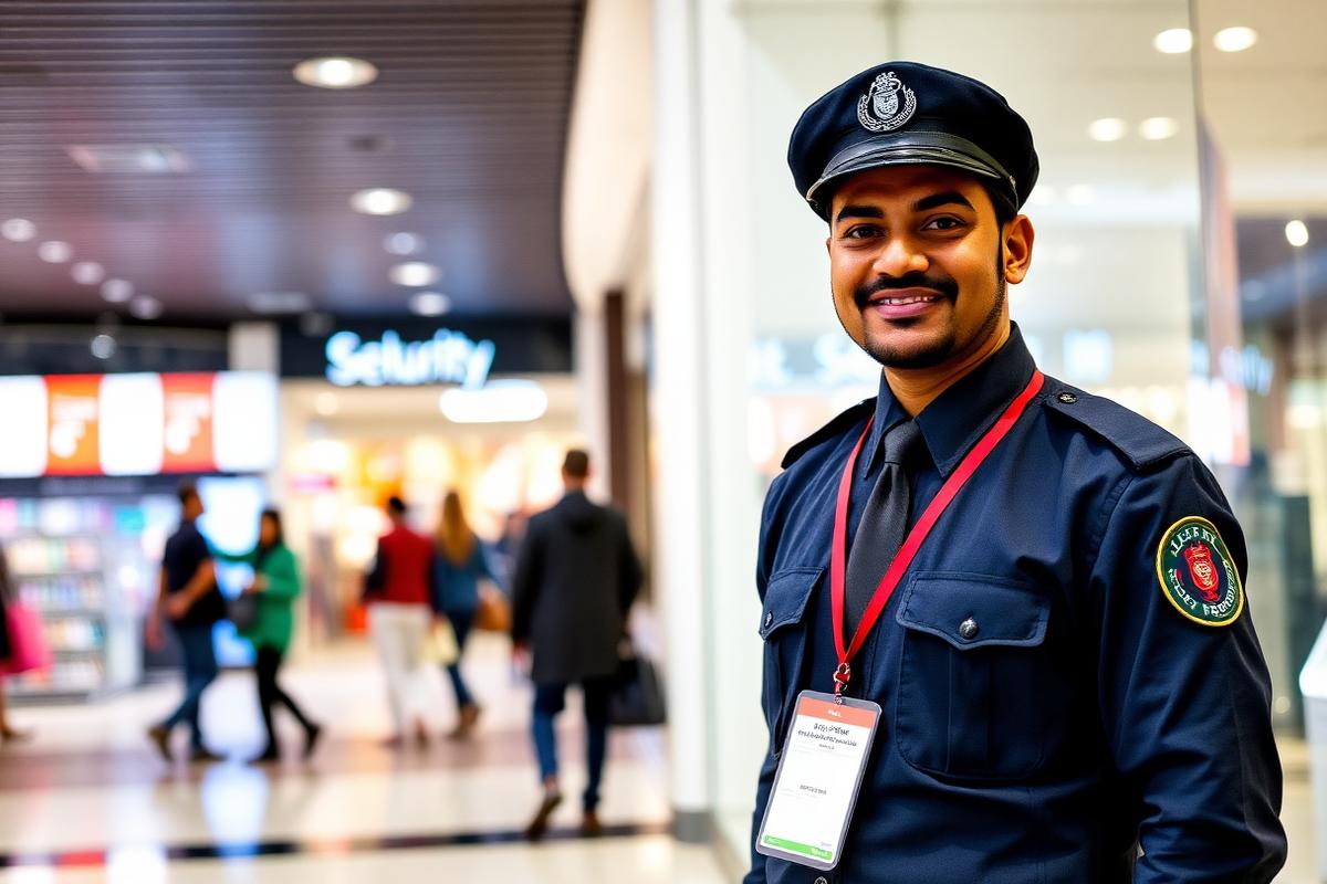 A retail security officer standing near the entrance of a modern UK store