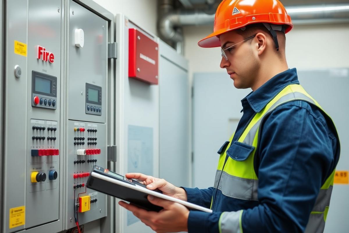 A qualified engineer inspecting a fire and security control panel in a UK commercial plant room