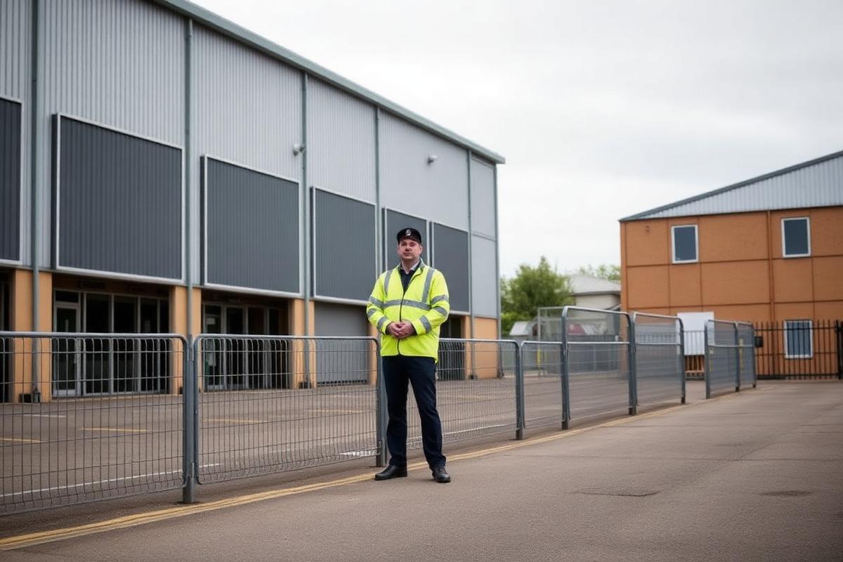 A security officer checking the fenced perimeter of a vacant UK commercial building