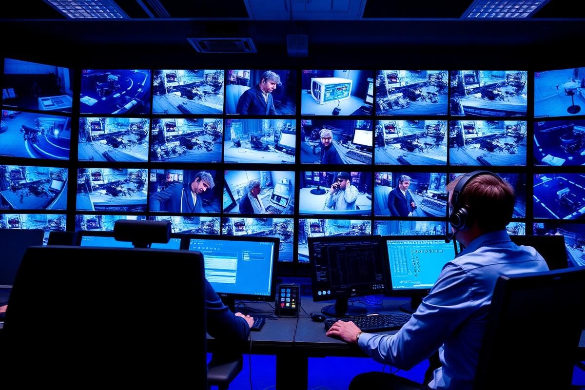 Two CCTV operators watching a wall of camera screens in a UK remote video monitoring centre
